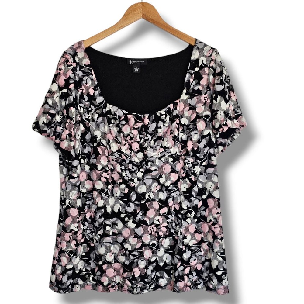 I.N.C. International Concepts Floral Top Size 2X Black Pink Short Sleeve‎ Mesh